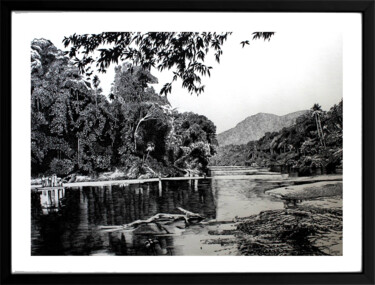 Malerei mit dem Titel "Along the River" von Gamini Abeykoon, Original-Kunstwerk, Tinte