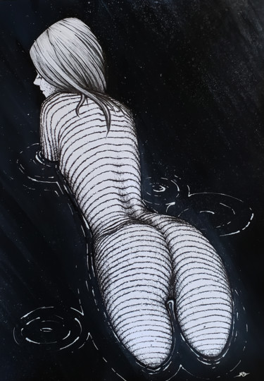 Σχέδιο με τίτλο "Jeune femme rayée" από Marc Boutin, Αυθεντικά έργα τέχνης, Μελάνι
