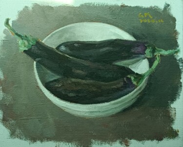 Painting titled "Eggplant in a bowl" by Gaomin Song, Original Artwork, Oil