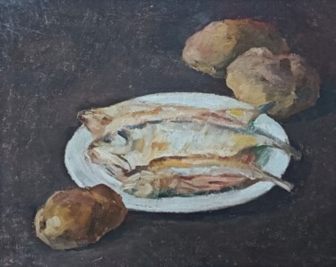 Painting titled "Fish and potatoes" by Gaomin Song, Original Artwork, Oil