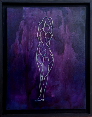 Sculpture titled "Femme qui s'étire" by Elodie Bedon (Garance Be.), Original Artwork, Wire Mounted on Wood Panel