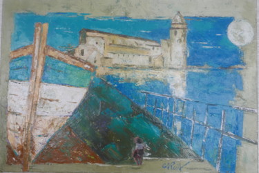 Peinture intitulée "lune sur Collioure" par Daniel Garcia, Œuvre d'art originale, Huile
