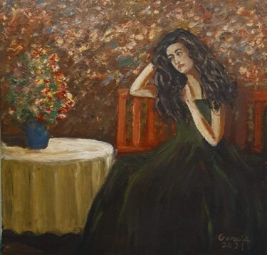 Painting titled "Traurig im Garten d…" by Garcia Nasih, Original Artwork, Oil