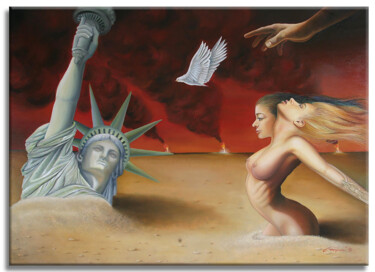 Schilderij getiteld "Liberty & Peace" door Gardani, Origineel Kunstwerk, Olie Gemonteerd op Frame voor houten brancard