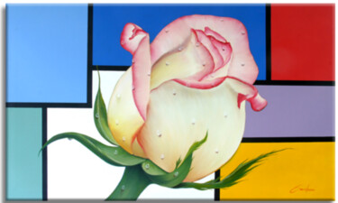 Schilderij getiteld "Modrian Flower" door Gardani, Origineel Kunstwerk, Olie Gemonteerd op Frame voor houten brancard