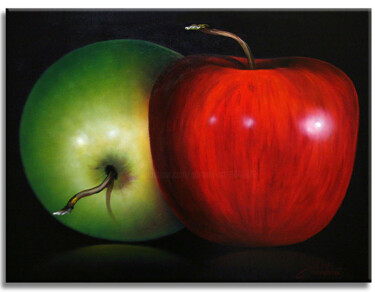 Schilderij getiteld "Two Apples" door Gardani, Origineel Kunstwerk, Olie Gemonteerd op Frame voor houten brancard