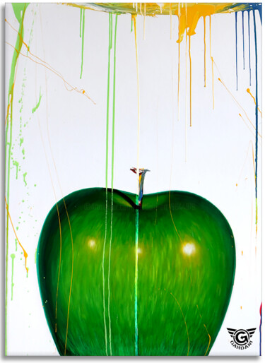 Painting titled "Green Apple" by Gardani, Original Artwork, Oil Mounted on Wood Stretcher frame