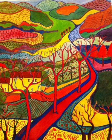 Pintura titulada "Le chemin rouge" por Michèle Garin, Obra de arte original, Acuarela