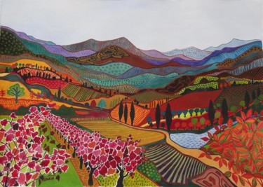 Pintura intitulada "Les vignes d'automne" por Michèle Garin, Obras de arte originais