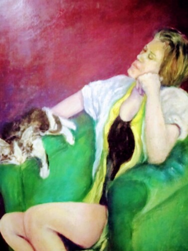 Ζωγραφική με τίτλο "La sieste" από Garjifet, Αυθεντικά έργα τέχνης, Λάδι Τοποθετήθηκε στο Ξύλινο φορείο σκελετό