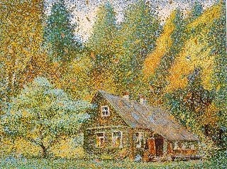 Painting titled "Дом в лесу." by Nikolai Tomarev, Original Artwork, Oil