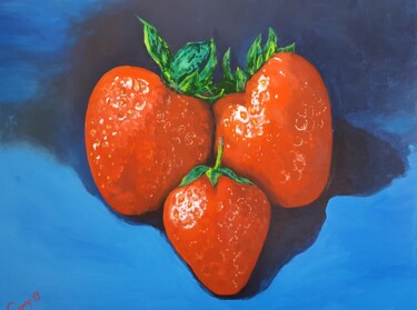 Painting titled "Strawberries 04" by Garry Arzumanyan, Original Artwork, Oil Mounted on Wood Stretcher frame