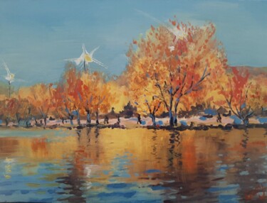 Painting titled "Autumn Landscape 04" by Garry Arzumanyan, Original Artwork, Oil Mounted on Wood Stretcher frame