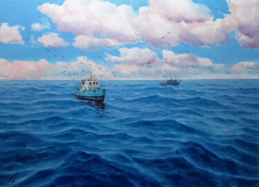 Painting titled "Fishing boats in th…" by Garry Arzumanyan, Original Artwork, Oil