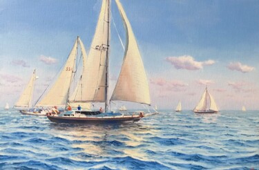 Painting titled "Seascape with sailb…" by Garry Arzumanyan, Original Artwork, Oil Mounted on Wood Stretcher frame