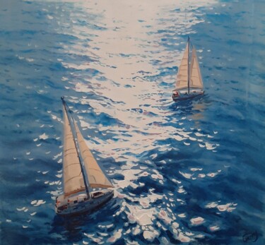 Painting titled "Seascape with sailb…" by Garry Arzumanyan, Original Artwork, Oil