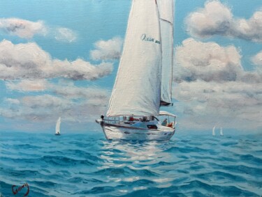 Painting titled "Seascape 41" by Garry Arzumanyan, Original Artwork, Oil Mounted on Wood Stretcher frame