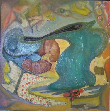Peinture intitulée "Café croissant" par Garsi, Œuvre d'art originale, Huile