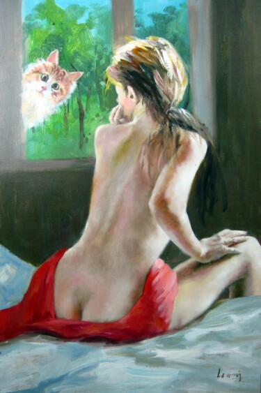 Painting titled "Nude with cat 10" by Garvin Ree, Original Artwork, Oil Mounted on Wood Stretcher frame