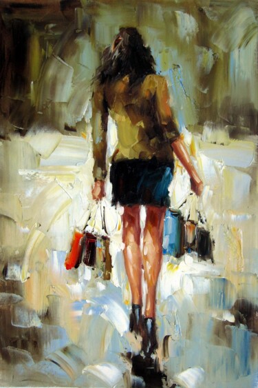 Painting titled "Shopping girl 201" by Garvin Ree, Original Artwork, Oil Mounted on Wood Stretcher frame