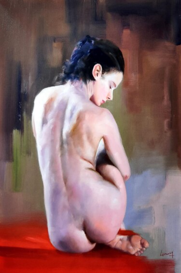 Painting titled "Nude sitting 20" by Garvin Ree, Original Artwork, Oil Mounted on Wood Stretcher frame