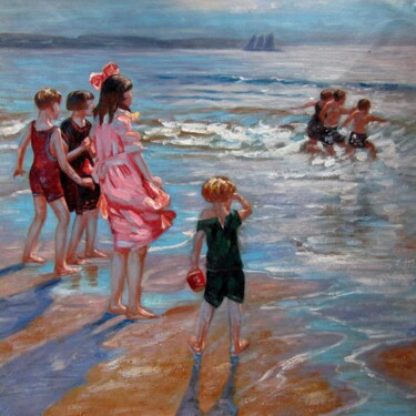 Painting titled "Children play on th…" by Garvin Ree, Original Artwork, Oil Mounted on Wood Stretcher frame