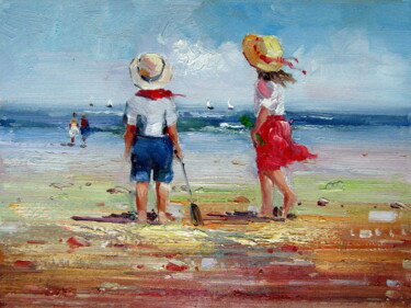 Peinture intitulée "On the beach 119" par Garvin Ree, Œuvre d'art originale, Huile Monté sur Châssis en bois