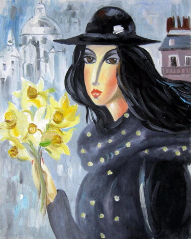 Painting titled "Girl holding yellow…" by Garvin Ree, Original Artwork, Oil Mounted on Wood Stretcher frame