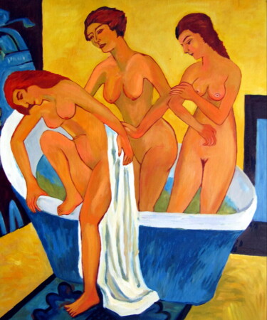 Schilderij getiteld "Nude bathing 001" door Garvin Ree, Origineel Kunstwerk, Olie Gemonteerd op Frame voor houten brancard