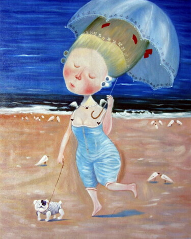 Painting titled "Child with dog on t…" by Garvin Ree, Original Artwork, Oil Mounted on Wood Stretcher frame
