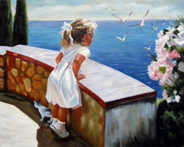Painting titled "Child play on the b…" by Garvin Ree, Original Artwork, Oil Mounted on Wood Stretcher frame