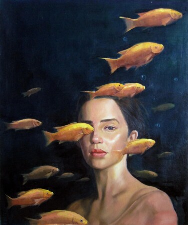 Malerei mit dem Titel "Beauty with fishes…" von Garvin Ree, Original-Kunstwerk, Öl Auf Keilrahmen aus Holz montiert