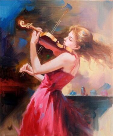 Painting titled "Playing violin 001D" by Garvin Ree, Original Artwork, Oil Mounted on Wood Stretcher frame