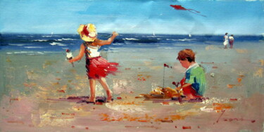 Painting titled "Beach 308" by Garvin Ree, Original Artwork, Oil Mounted on Wood Stretcher frame