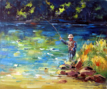 Schilderij getiteld "Fishing 102" door Garvin Ree, Origineel Kunstwerk, Olie Gemonteerd op Frame voor houten brancard