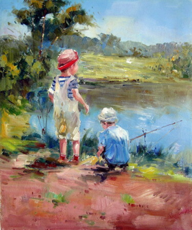 Painting titled "Fishing 107" by Garvin Ree, Original Artwork, Oil Mounted on Wood Stretcher frame