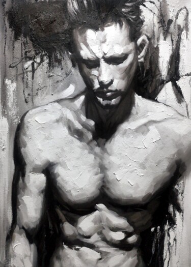 Painting titled "Muscleman 002D" by Garvin Ree, Original Artwork, Oil Mounted on Wood Stretcher frame