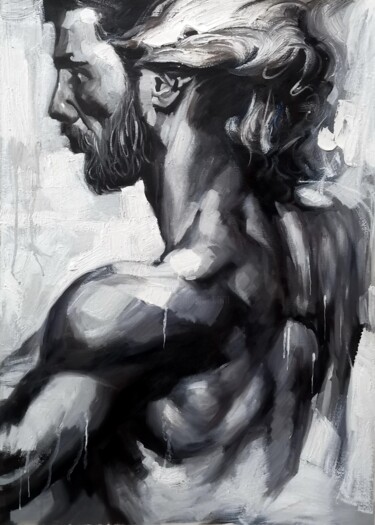 Schilderij getiteld "Muscleman 003D" door Garvin Ree, Origineel Kunstwerk, Olie Gemonteerd op Frame voor houten brancard