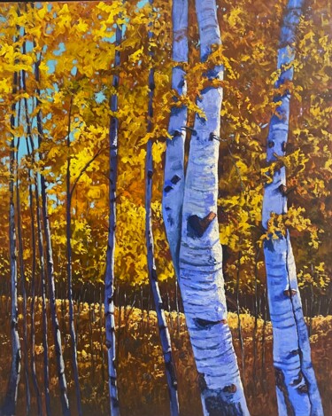 Painting titled "Herbst in Birkenwald" by Gary Westall, Original Artwork, Oil Mounted on Wood Stretcher frame