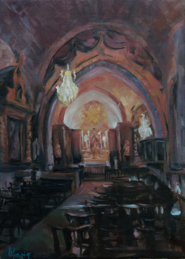 Painting titled "Eglise Saint Martin…" by Laurence Gasior, Original Artwork, Oil Mounted on Wood Stretcher frame