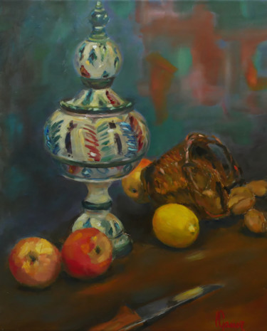 Painting titled "Pot oriental" by Laurence Gasior, Original Artwork, Oil Mounted on Wood Stretcher frame