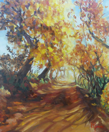 Painting titled "Chemin dans le Lube…" by Laurence Gasior, Original Artwork, Oil Mounted on Wood Stretcher frame