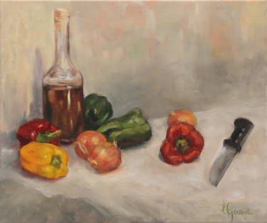 Composition de poivrons Картина под названием "Composition de poiv…" - Laurence Gasior, Подлинное произведение искусства, Масло Установлен на Подрам…