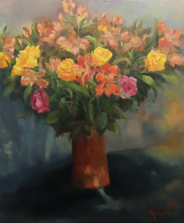 Pintura intitulada "Bouquet de roses et…" por Laurence Gasior, Obras de arte originais, Óleo Montado em Armação em madeira