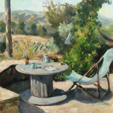 Painting titled "La pause café" by Laurence Gasior, Original Artwork, Oil Mounted on Wood Panel