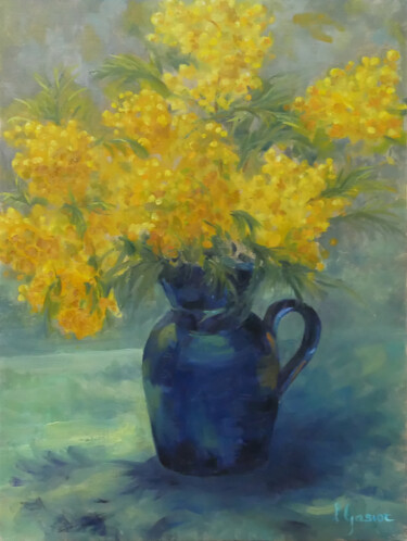 Painting titled "Le mimosa" by Laurence Gasior, Original Artwork, Oil Mounted on Wood Stretcher frame