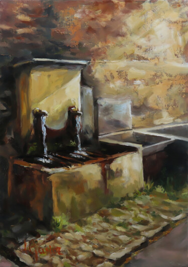Peinture intitulée "La fontaine du hame…" par Laurence Gasior, Œuvre d'art originale, Huile Monté sur Autre panneau rigide