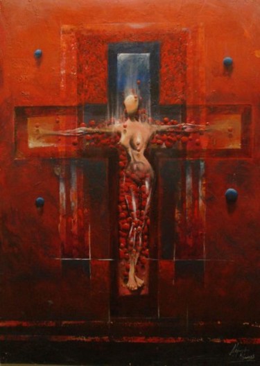 Pintura titulada "La cruz fondo rojo" por Alejandro Maass, Obra de arte original