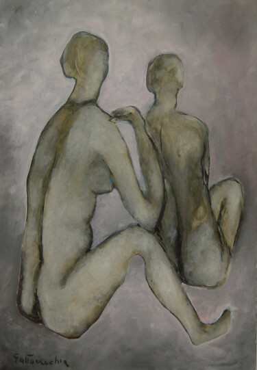 Painting titled "Le Amiche II" by Gattavecchia, Original Artwork, Tempera Mounted on Wood Stretcher frame
