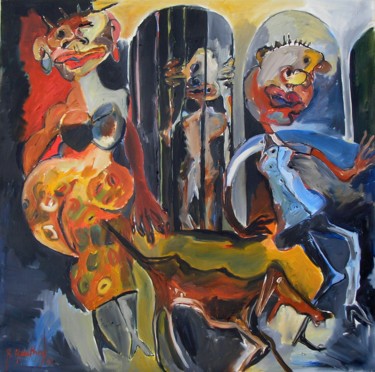 Painting titled "Trois personnages e…" by Régine Gauthey, Original Artwork, Oil Mounted on Wood Stretcher frame